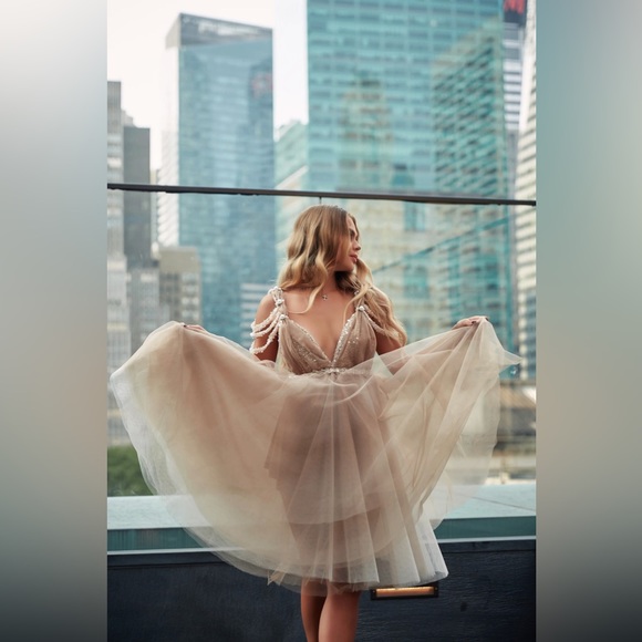 Beige cocktail dress, Beaded evening Midi dress, Airy Party dress,Wedding beige - Picture 6 of 14